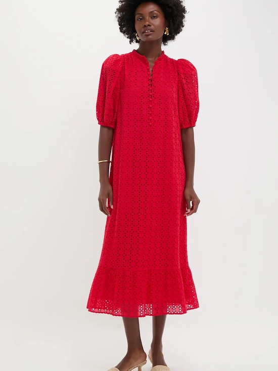 Tuckernuck Dresses & Skirts - Tuckernuck Red Eyelet Lace Tryall Midi Dress with Puff Sleeves